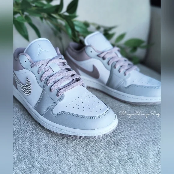 Women's Air Jordan 1 Low Customized Bling Sneakers Shoes Particle Rose Pink - Picture 5 of 9